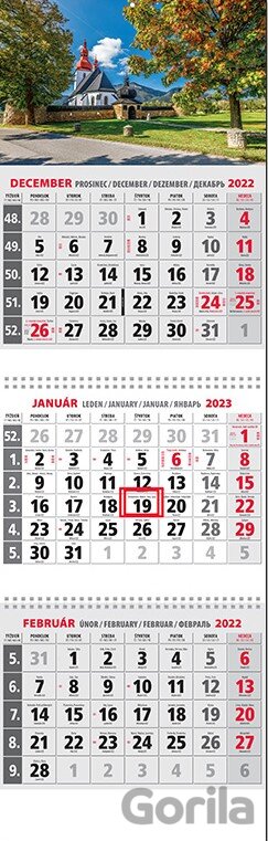 Klasik 3-mesačný sivý nástenný kalendár 2023 - kostolík
