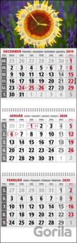 Klasik 3-mesačný sivý nástenný kalendár 2020 s hodinami a s motívom slnečnice
