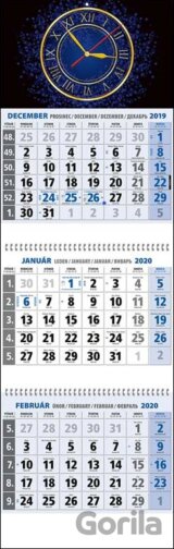 Klasik 3-mesačný modrý nástenný kalendár 2020 s modrými hodinami