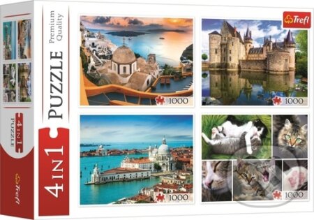 Puzzle Santorini, Benátky, Zámek Sully-sur-Loire a Kočky - 