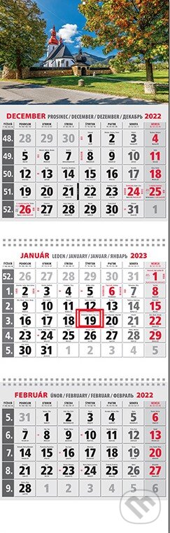 Klasik 3-mesačný sivý nástenný kalendár 2023 - kostolík - 