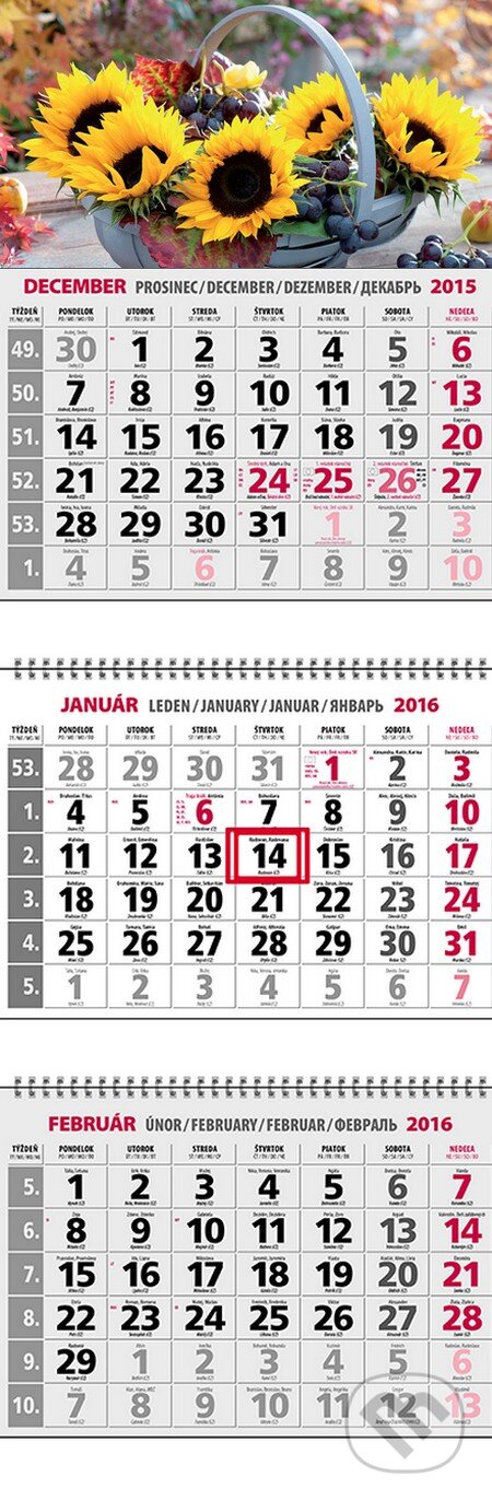 Klasický 3-mesačný kalendár 2016 s motívom slnečníc - 