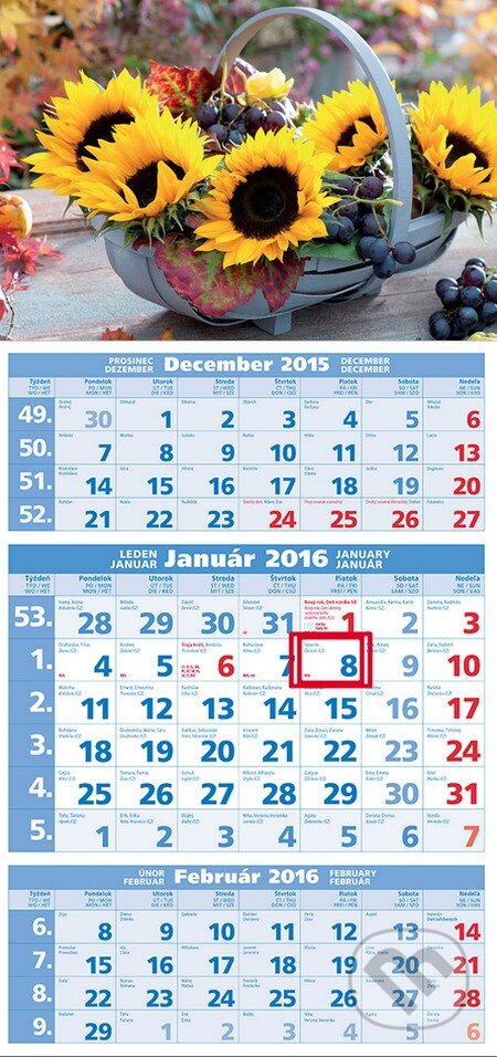 Štandardný 3-mesačný kalendár 2016 s motívom slnečníc - 