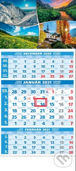 Štandard 3-mesačný modrý nástenný kalendár 2021 - štyri ročné obdobia - 